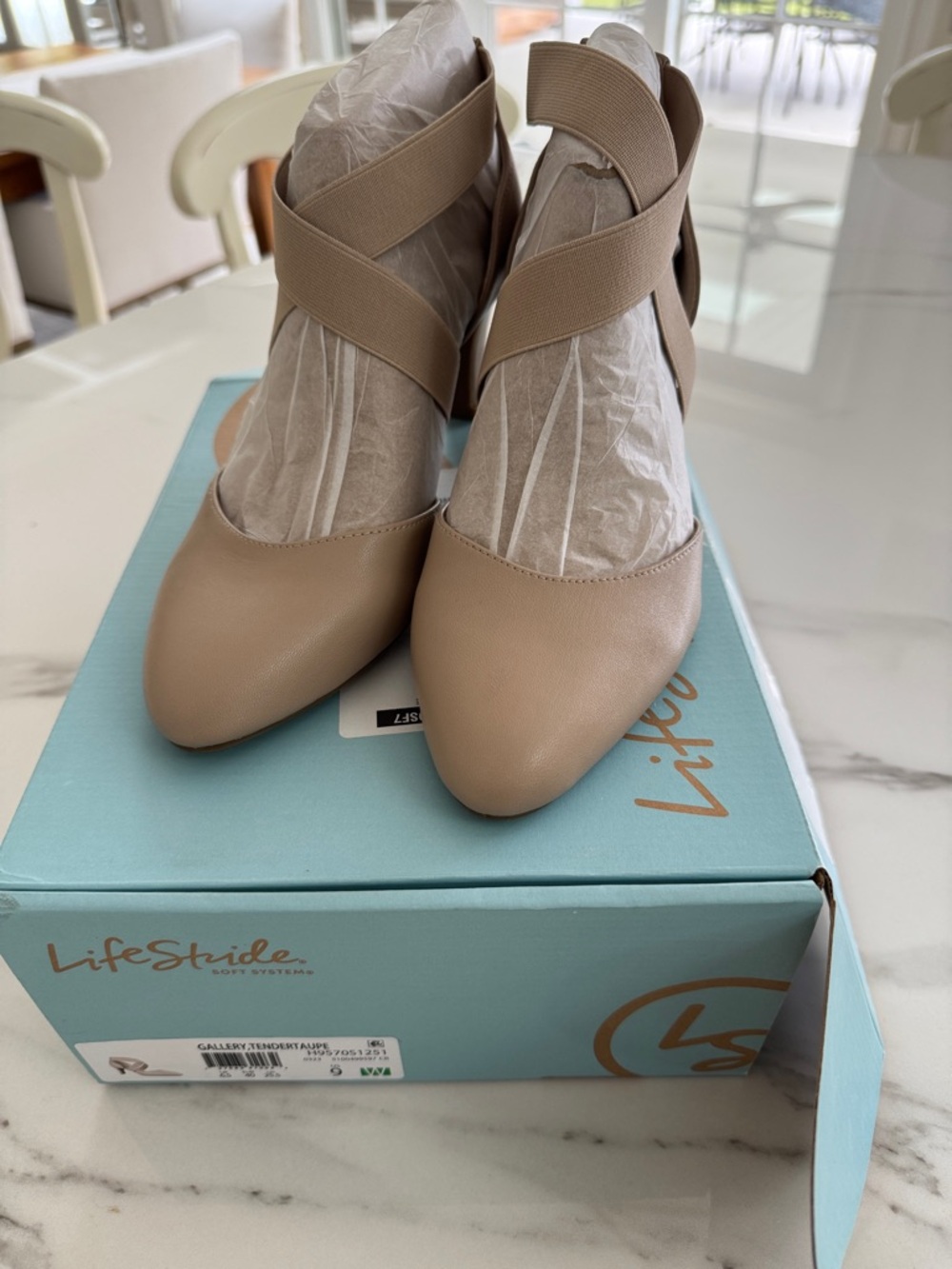 Life Stride Gallery, Tender Taupe color, Crisscross Elastic Block Heels